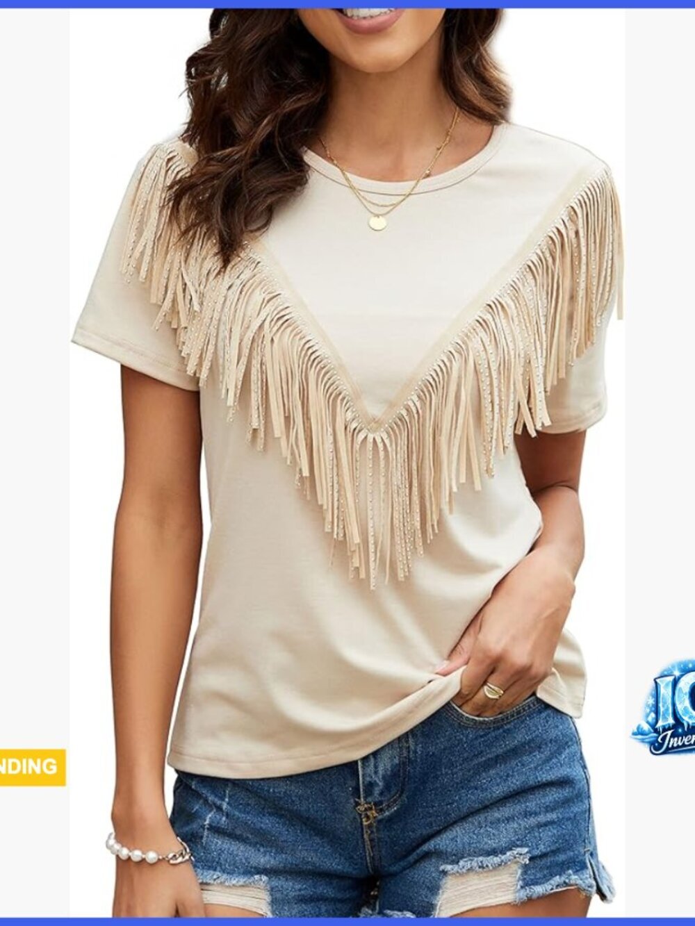 Fringe Trim Short Sleeve T-Shirt with Tassel Embellishment